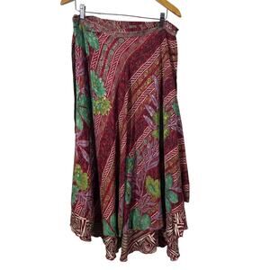 Rahabs Rope Wrap Skirt 100% Art Silk Reversible Red Floral Boho Hippie Earthy